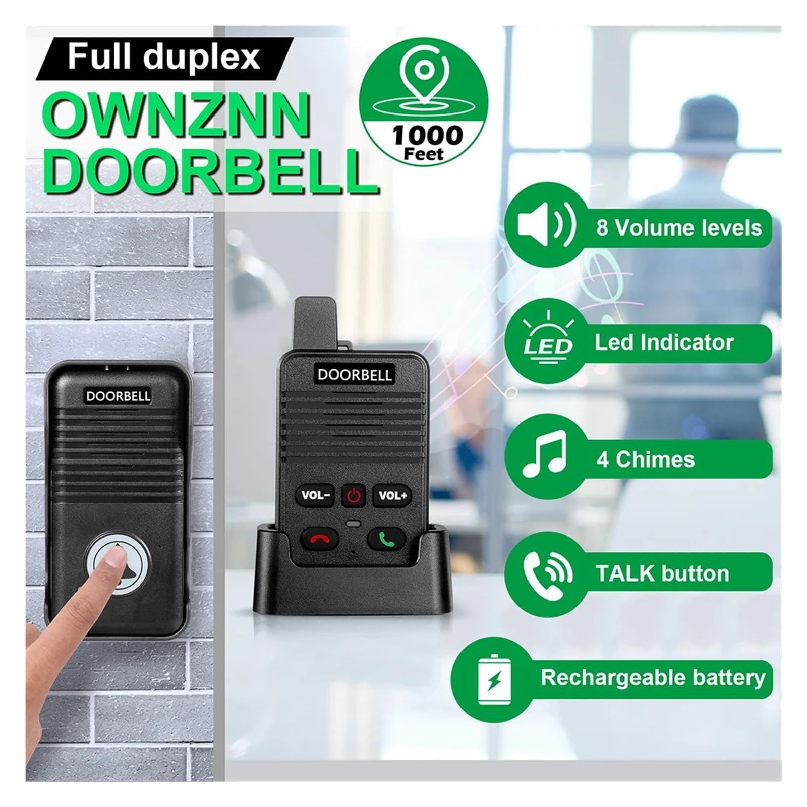 Interphone Vocal sans Fil Duplex, Sonnette de Porte Audio Longue Distance(Black)