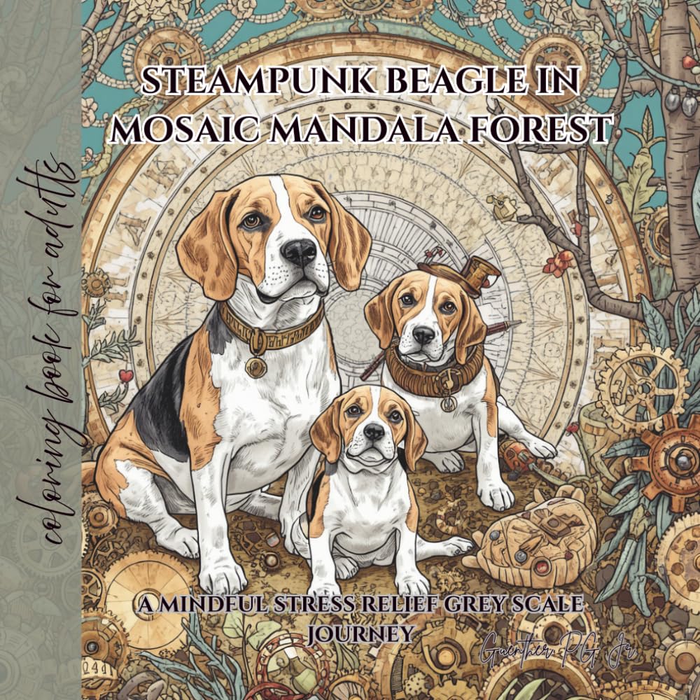 steampunk beagle in mosaic mandala forest: a mindful stress relief grey scale journey
