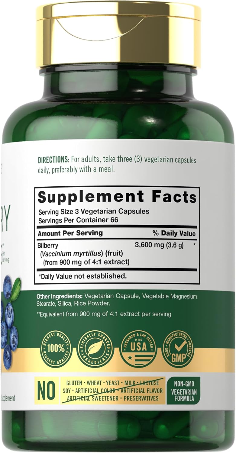 Carlyle Bilberry Extract Capsules | 3600mg | 200 Count | Vegetarian, Non-GMO, Gluten Free Fruit Supplement for Eye Health