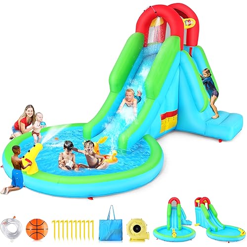 AKEYDIY Bounce House Water Slide, Inflatable Water Slide for Kids 3-10 with Air Blower, Kids Bouncy Castle Durable Sewn and Extra Thick, Family Backyard Jump House with Ball Pit, Water Gun, Fun Slide