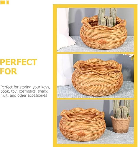 Miniatura 6 de Yardwe Cesta de almacenamiento tejida redonda de mimbre, cesta de flores para caramelos, maceta vintage, contenedor de cosméticos, caja de joyería