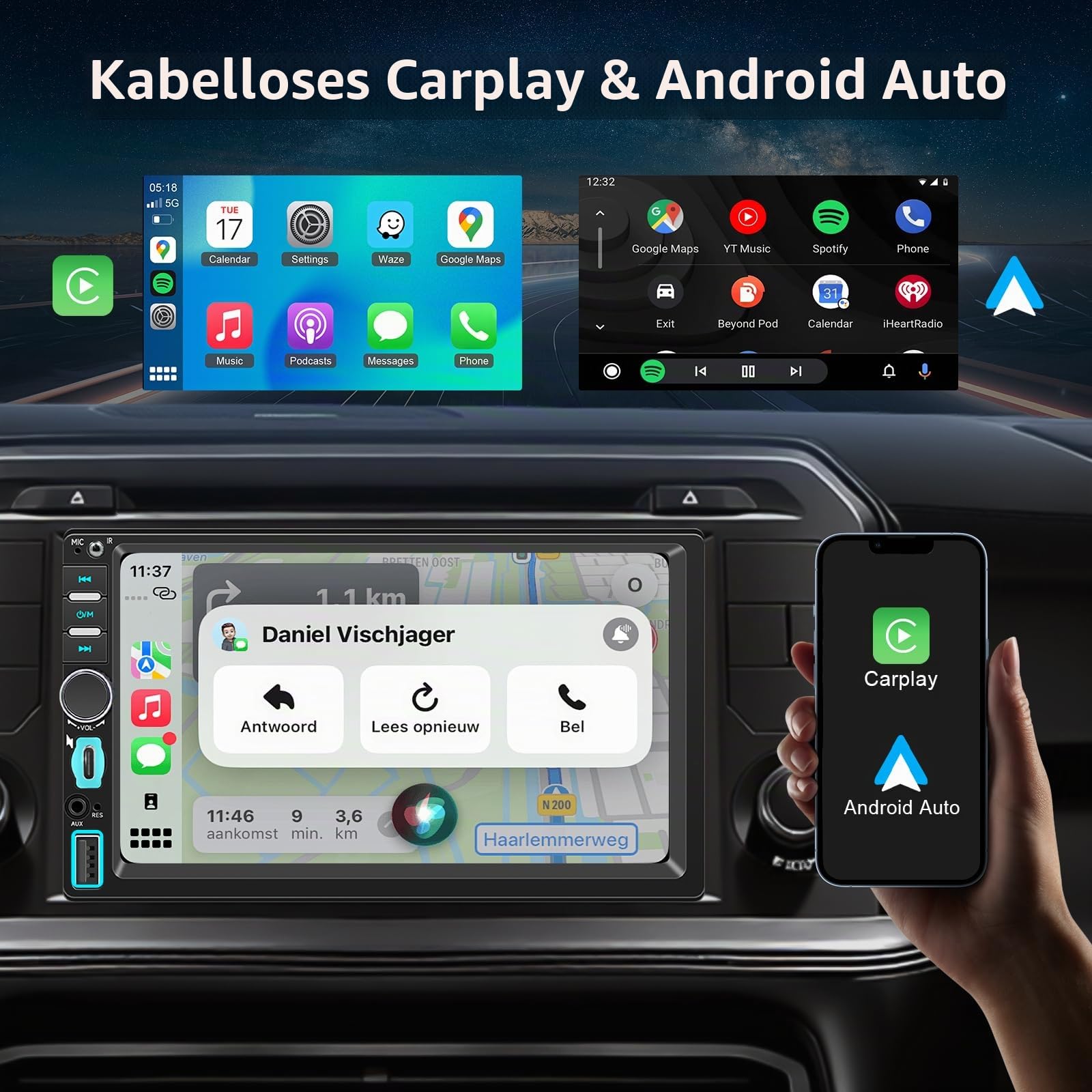 WERESOUND 1 DIN Autoradio mit Bildschirm - Wireless CarPlay & Android Auto