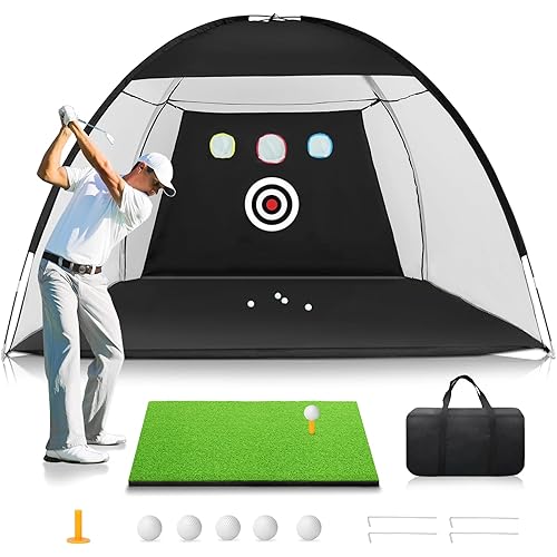 Golf Net: 10 x 7ft Golf Hitting Practice Net for Backyard Driving, Indoor/Outdoor Golf Chipping/Swing Training Nets with Targets and Mats, Ideal Golf Training Aid for Men/Father/Boys and Golfers