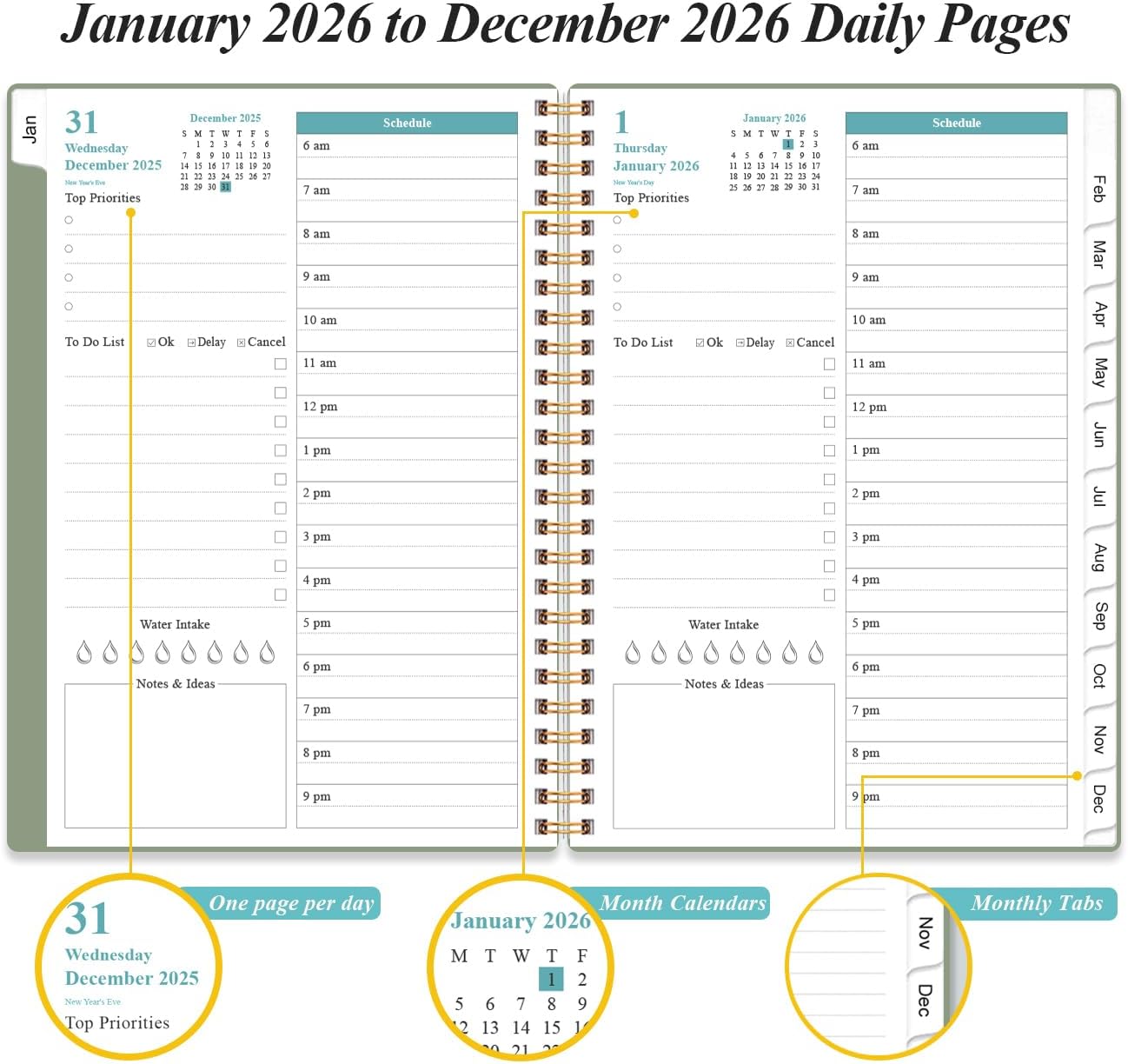 Daily Planner 2026 Full Page Per Day- 2026 Daily & Monthly Planner from January 2026 to December 2026, Day Planner 2026 with 12 Months Tabs, 6.4" x 8,5", Green