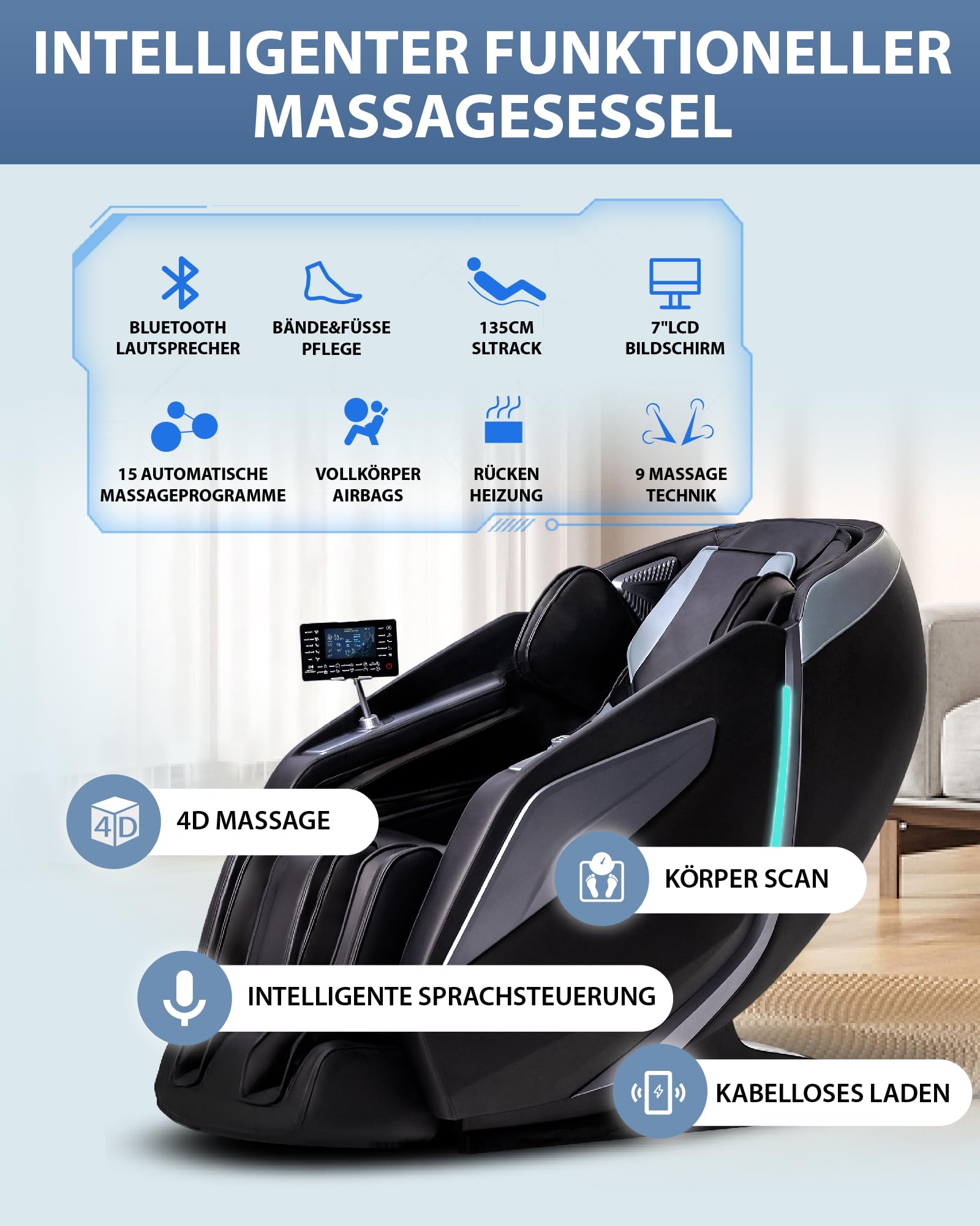 Massagesessel Ganzkörpermassage Shiatsu mit Wärmefunktion Massage Stuhl, Schwarz