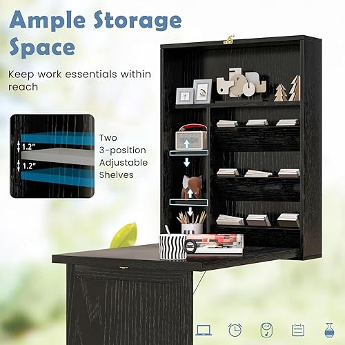 Miniatura 7 de Tangkula Escritorio montado en la pared, escritorio flotante con pizarra, escritorio plegable que ahorra espacio, escritorio convertible, mesa de