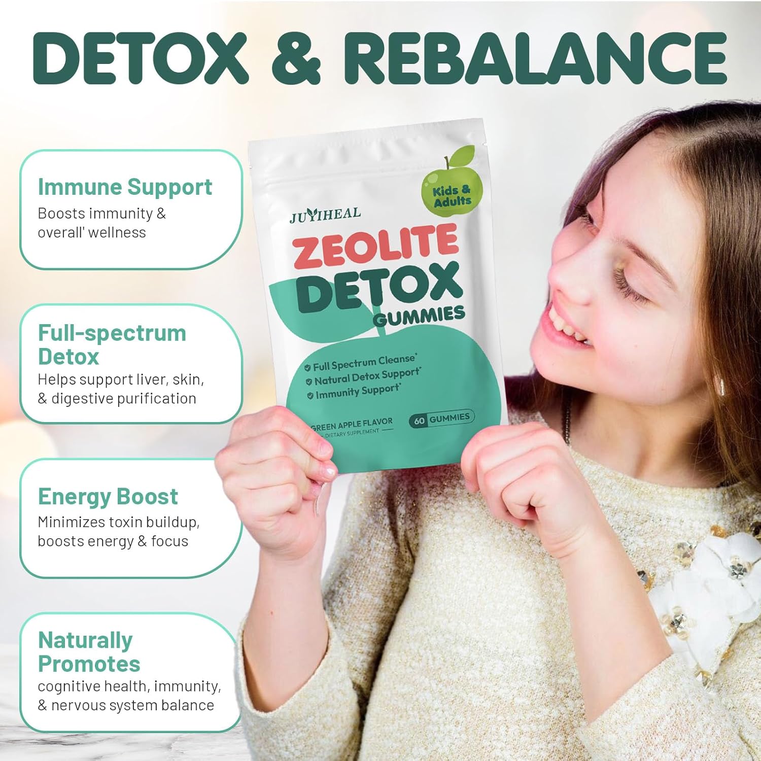 Zeolite Detox for Kids & Adults, 350mg Zeolite & 300mg Chlorella Detox Gummies, Detox Chewables Gentle Body Toxin Cleanse, 60 Gummies, Green Apple - Image 7
