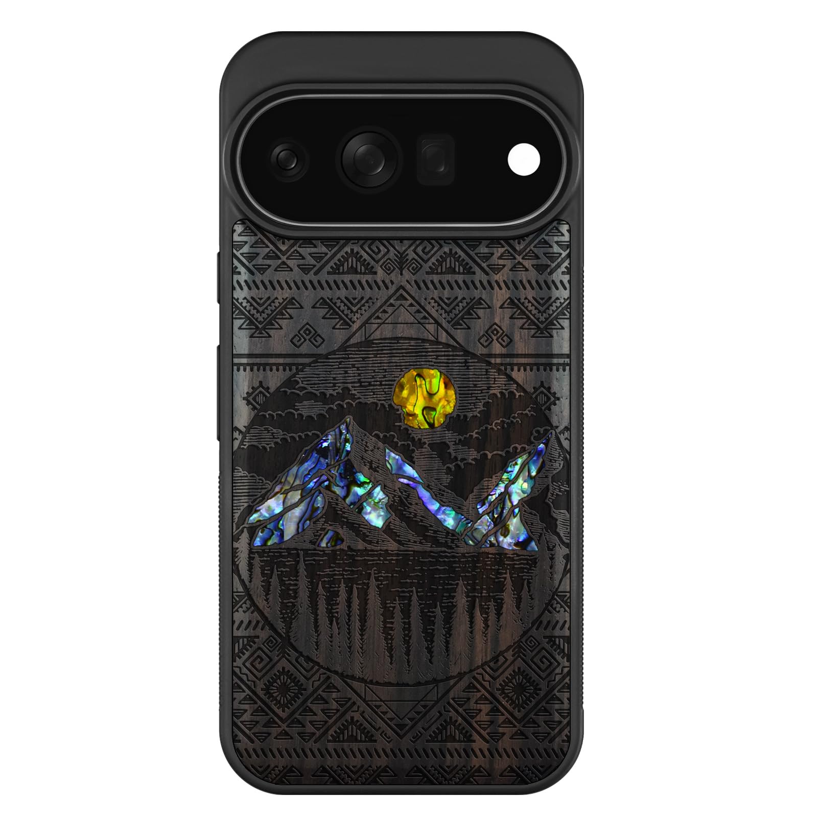 Carveit Madera Funda para Google Pixel 11 Pro (Oscura-Vistas Aztecas) | Compatible con MagSafe [Grabado en madera e incrustación de mejillones] Magnética Cover para Pixel 11 Pro Carcasa