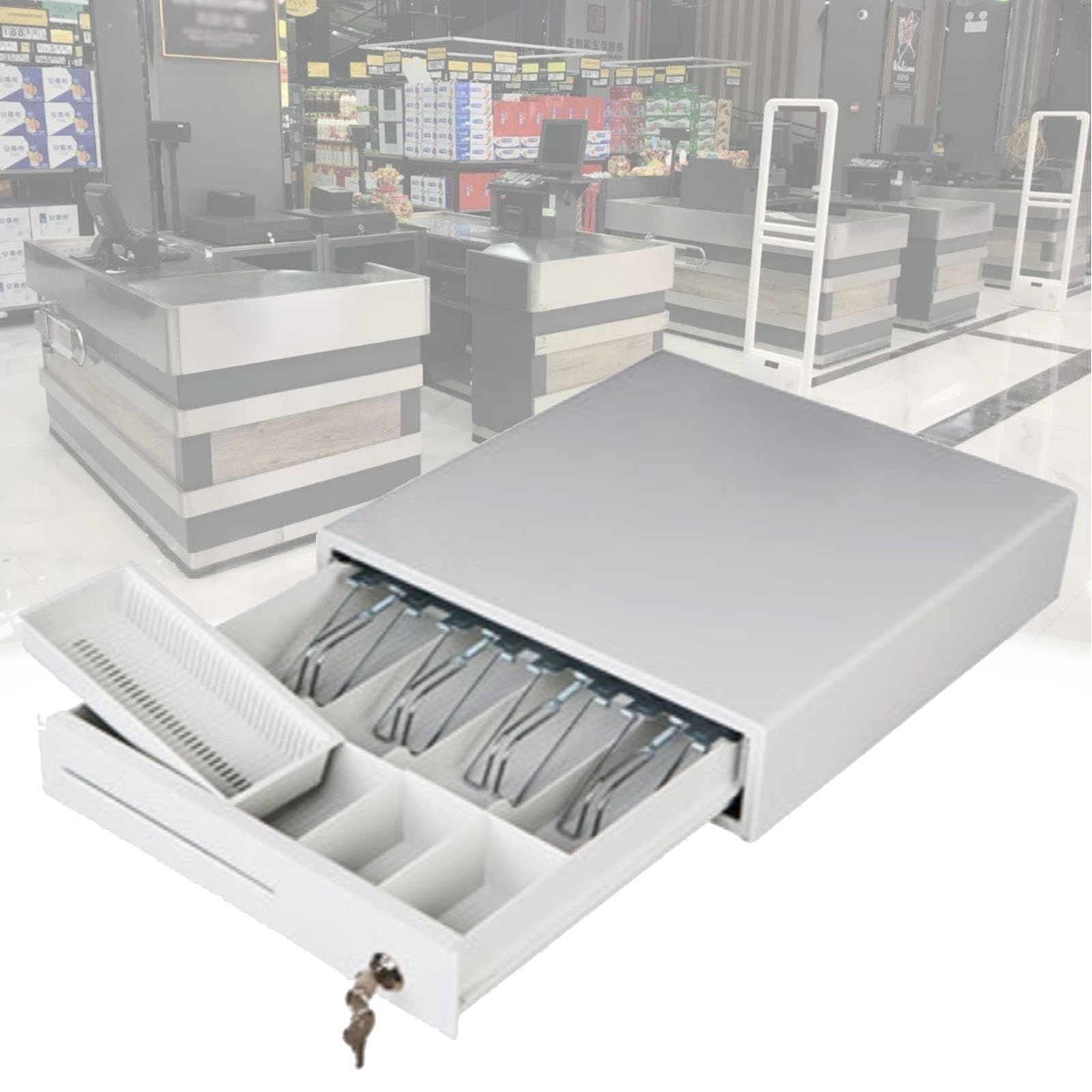 Cassetto per banconote con operatore portamonete, manuale o automatico, 5 scomparti, 4 scomparti per monete, struttura in acciaio e plastica, per supermercati e vendita al dettaglio
