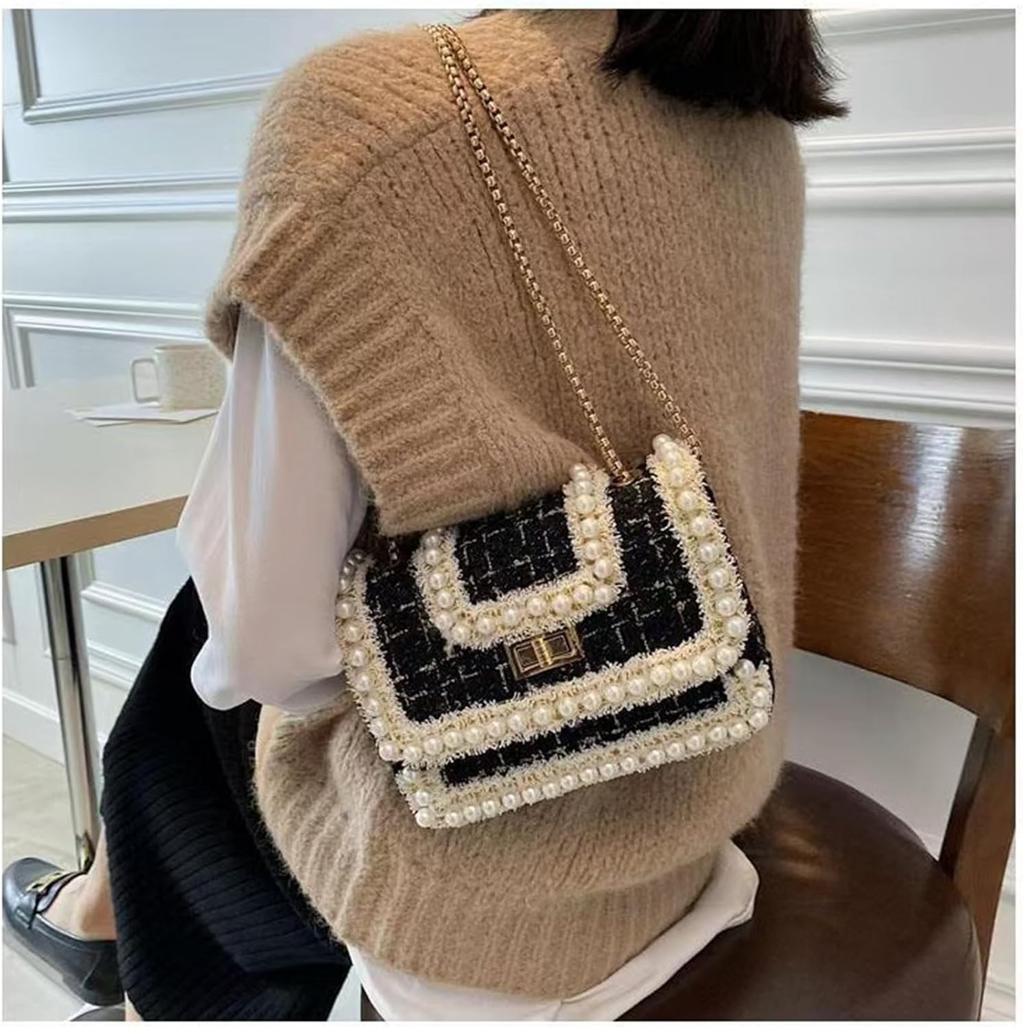 Designer Chain Shoulder Purse for Women Trendy Ladies Quilted Crossbody Bag Clucth Handbags Evening Bag Tweed Purses