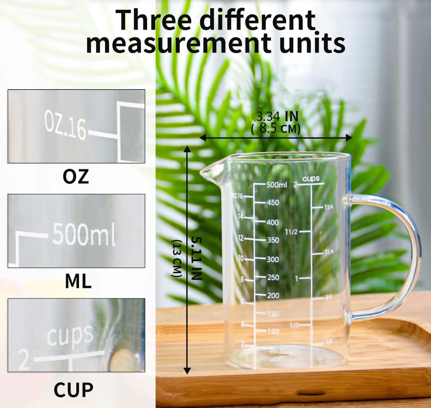 1Pack 500ML/18oz V-Shaped Borosilicate Glass Liquid Transparent Measuring Cup with OZ/ML/CUP Three Scales, Suitable For Kitchens and Restaurants