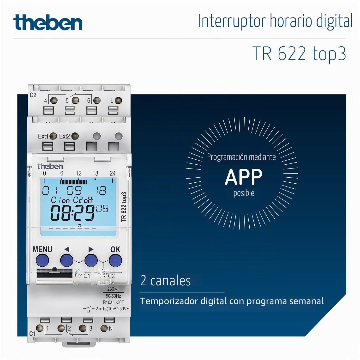 Theben 6220130 TR 622 top3 Interruptor horario Digital 2 Canales semanal | 600 W LED, 10 años reserva, precisión +/- 0,25 s/día, 800 A/200 µs, 2 canales, 2 entradas ext., 84 memorias, impulso/ciclo