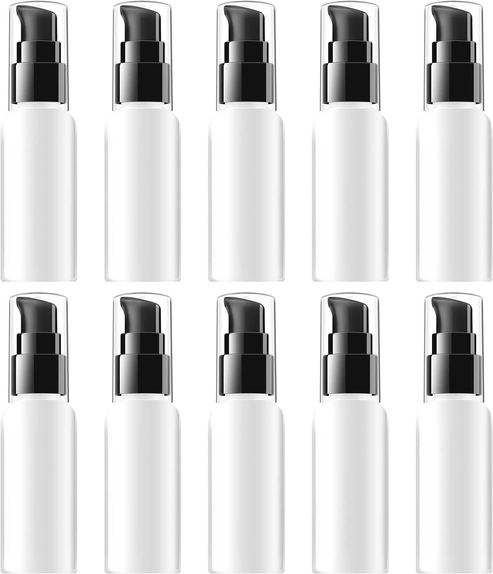 VIDELLY 10 Pieces Travel Pump Bottles for Toiletries 2oz Small Pump Bottles Clear Travel Bottle Plastic Empty Spray Bottle Dispenser With Black Cap For Lotion Cream Essential Oil(50ml,White)