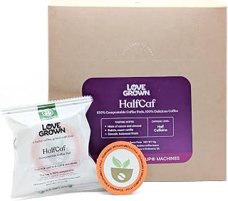 Love Grown Compostable Coffee Pods - Compatible with Single-Serve Brewing Machines - 100% Arabica Beans, Plastic-Free, Gluten-Free, Non-GMO - Half-Caf, Box of 15
