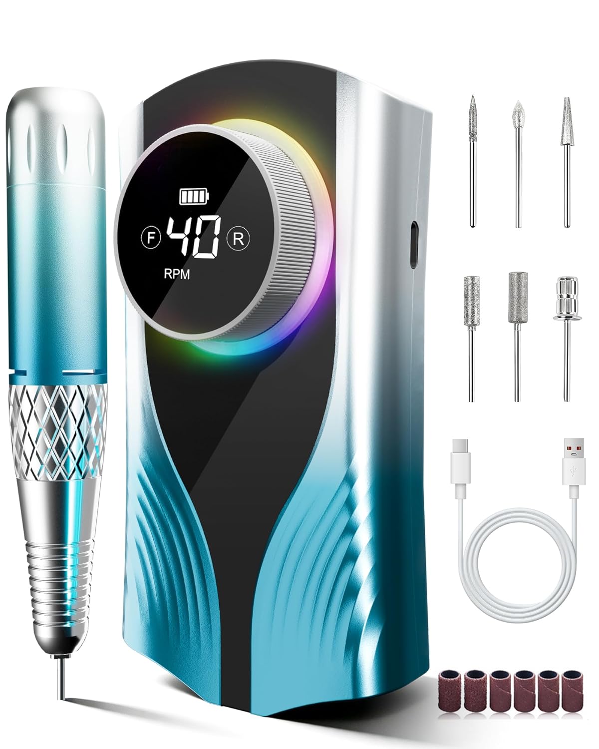 KISUFU Professional Nail Drill for Nail Technicians - 45000RPM Electric Nail File with 3600mAh Battery - Portable E-File with Digital Display and Belt Clip - Gradient Blue Manicure Set with 6 Bits