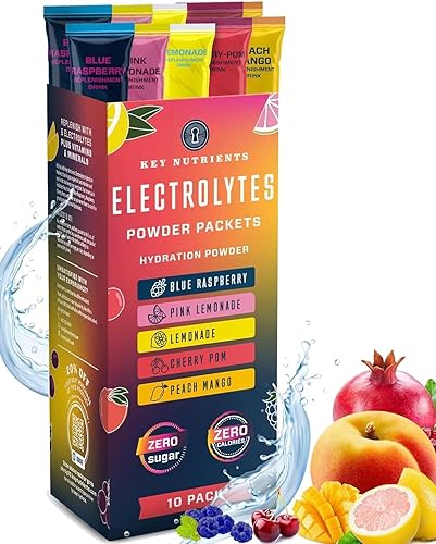 KEY NUTRIENTS Electrolytes Powder Packets No Sugar - 5 Delicious Flavors in Hydration Packets 10 Pack - No Calories, Gluten Free Electrolytes Powder
