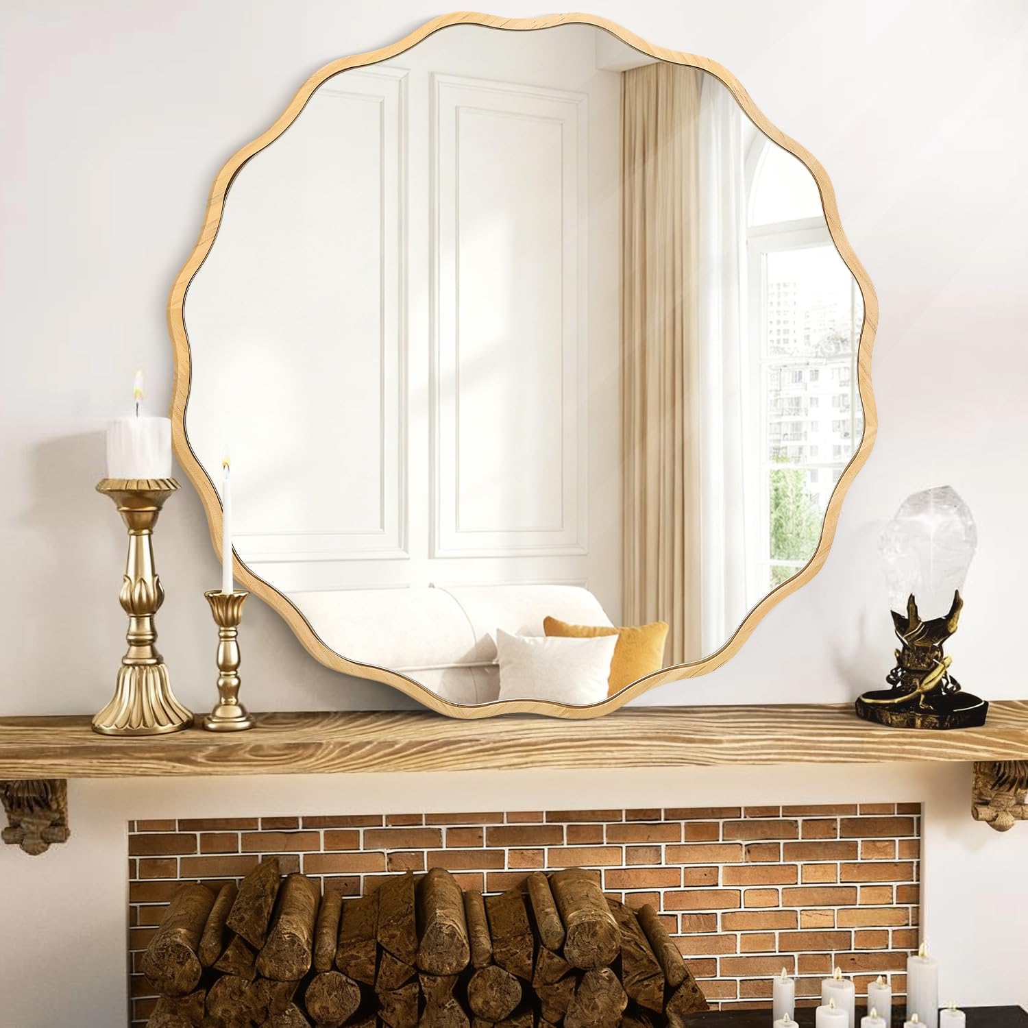Mwazzll Natural Wood Mirror With Wavy Frame Round Wall Mirrors Decor 45Cm For Bedroom Living Room Home Entryway Bathroom Circular