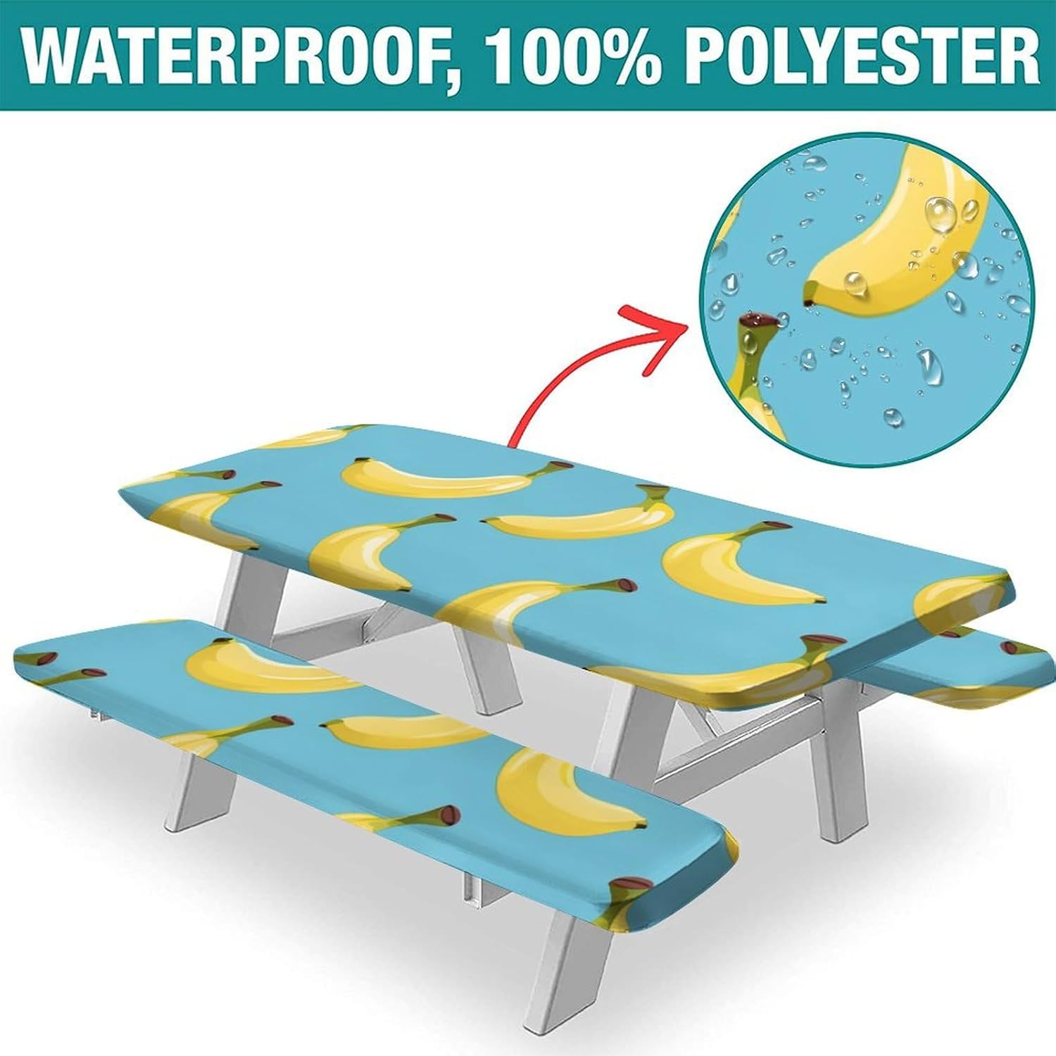 3-Piece Picnic Table Cover Set, Banana Pattern Printed on Stretchable Polyester Picnic Table Cloth, for Dinner Terrace Party 6FT (72"x30"+72"x12"*2)