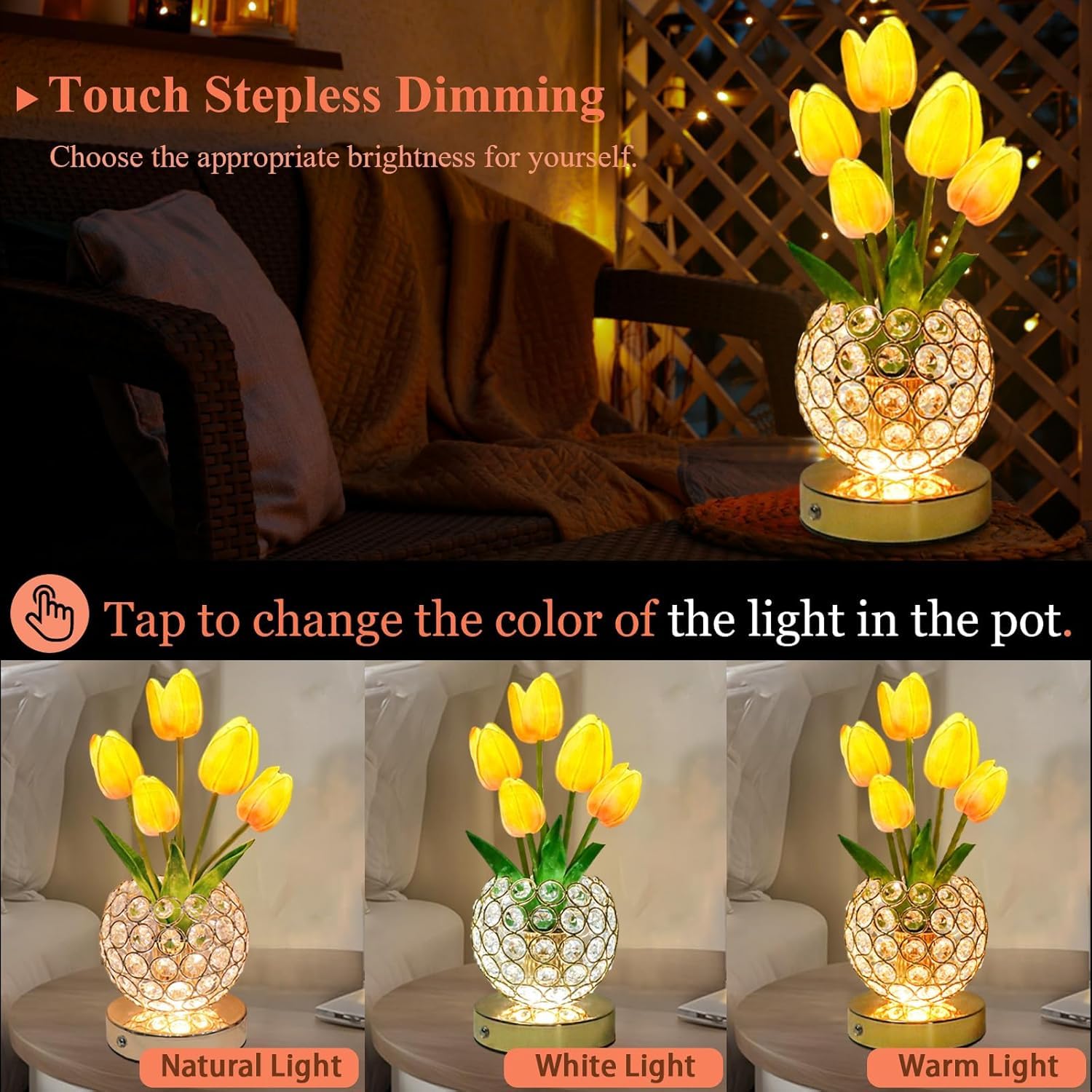 Tulip Flower Lamps, 3 Colors Touch Stepless Dimming Crystal Night Light, Rechargeable Artificial Flower Light, LED Flower with Vase Lamp Romantic Decor for Date Party Home (Tulip2-Pink) - Image 2