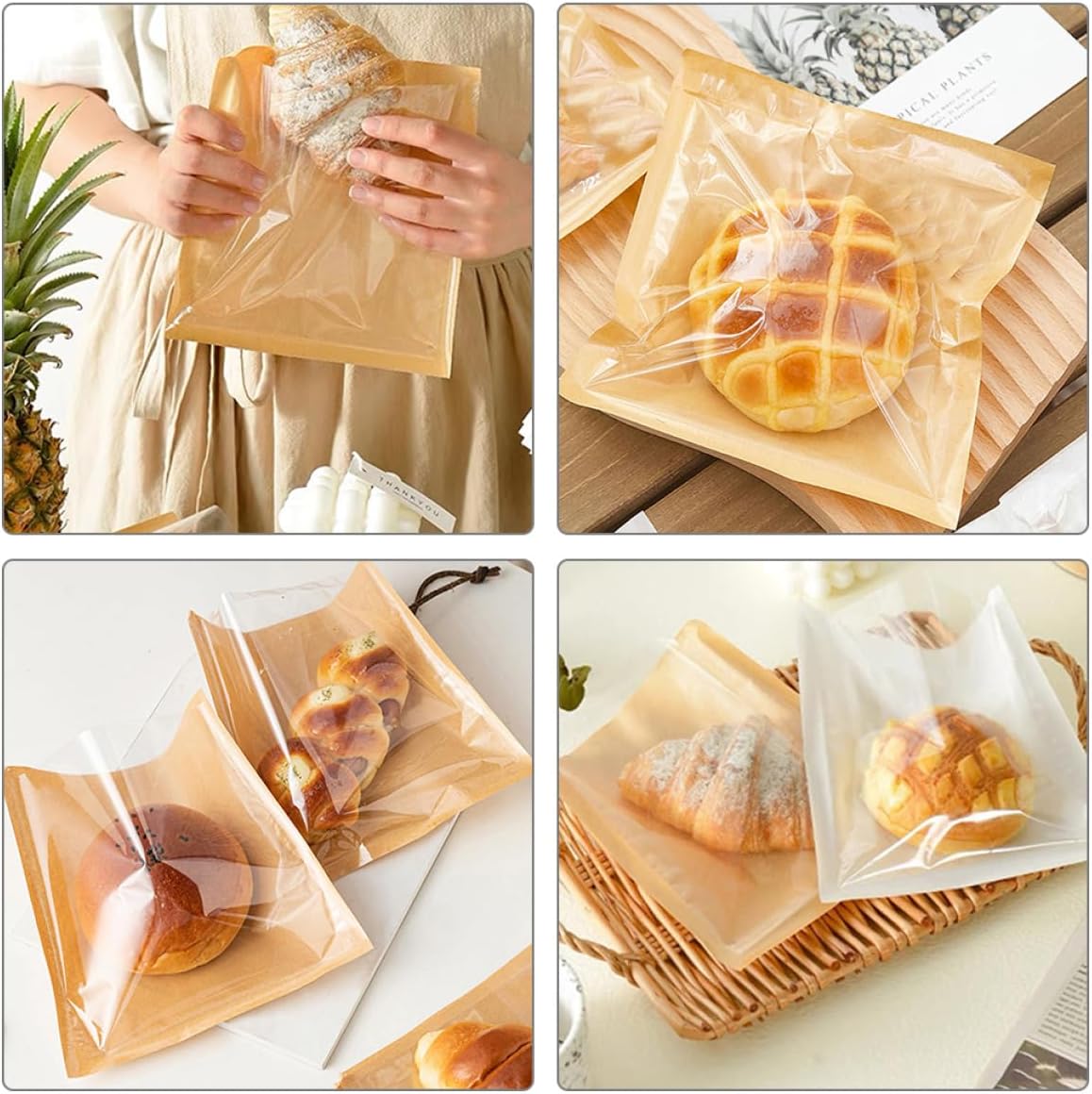 Didiseaon 100pcs Kraft Paper Bakery Bags Window Grease-resistant Snack Bags for Cookies Pastries and Sandwiches for Parties Bakeries and