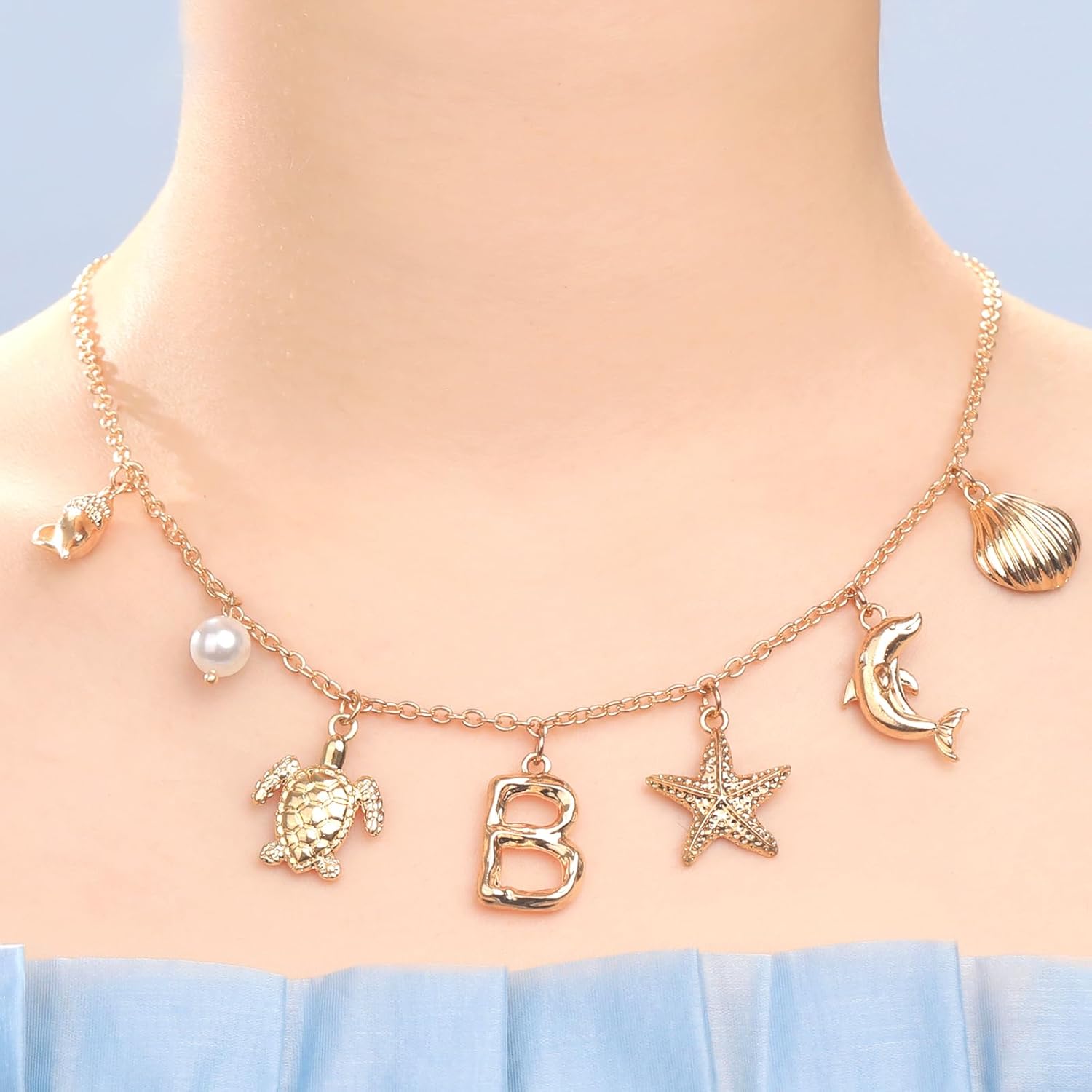 NEKOL Initial B Charm Necklace For Women, Boho Gold Summer Beach Surfer Letter Necklace Starfish Seashell Pearl Turtles Dolphin Charms Pendant, Trendy Pendant Alphabet Choker Necklace Jewelry Gifts - Image 2