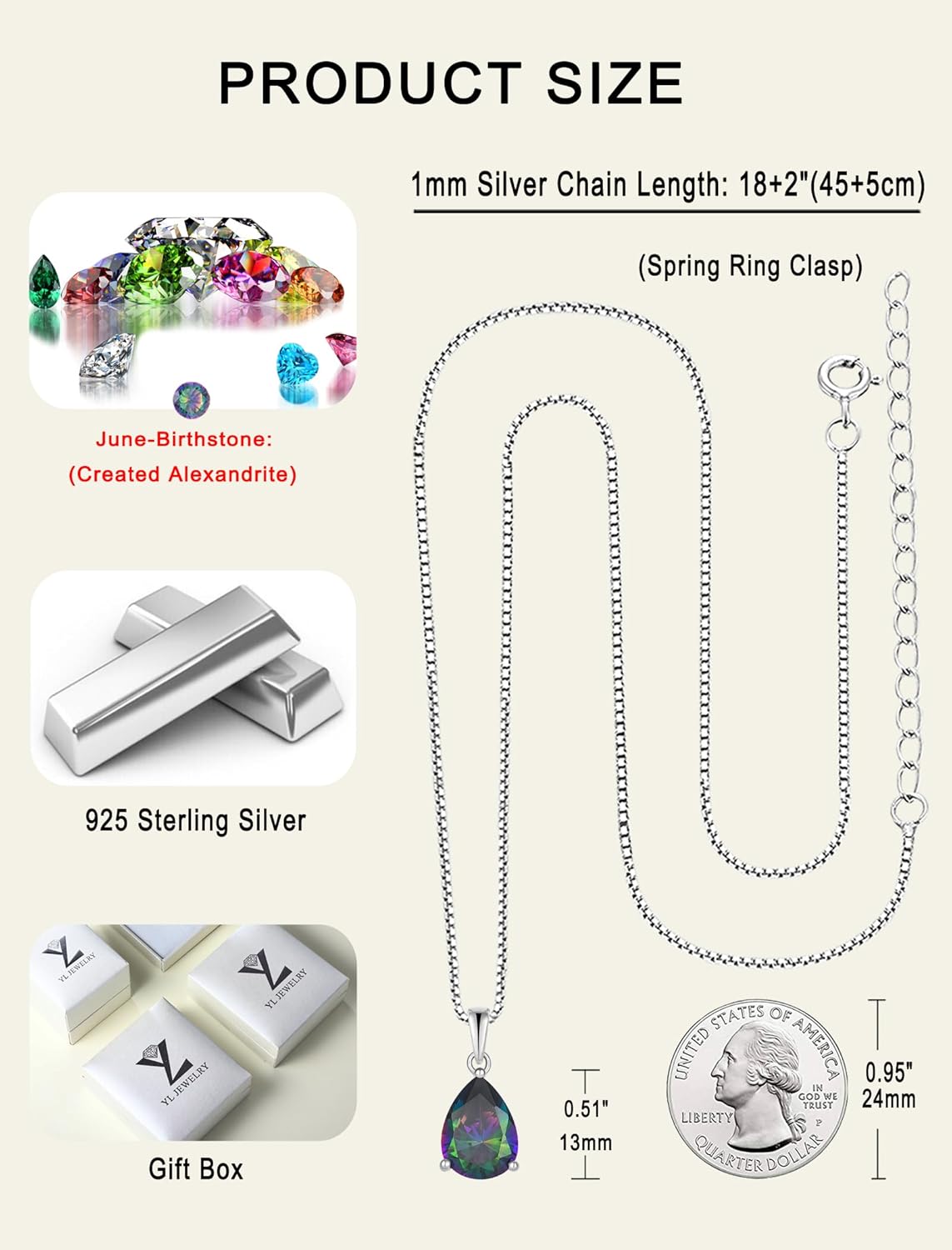 YL Teardrop Necklace 925 Sterling Silver Solitaire Pendant 9x12 MM Pear Cut Birthstone Jewelry for Women - Image 6