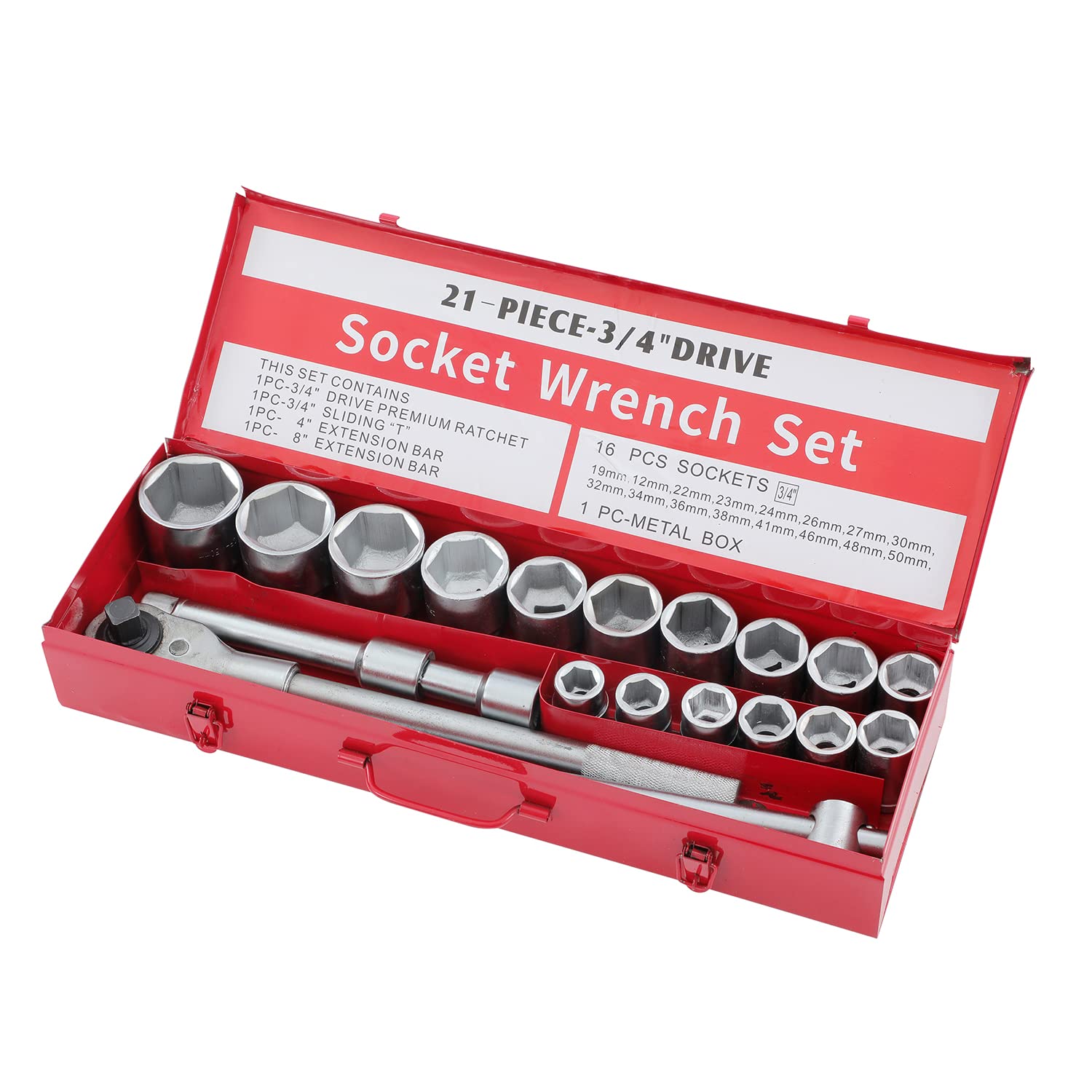 KATSU Set di Chiavi a Bussola 3/4" 21 Pezzi, 19-50mm Metrico Esagonale a 6 Punte con Chiave a Cricchetto a 24 Denti in Custodia d'Acciaio, Attrezzi Meccanici Riparazione Automatica (Budget)