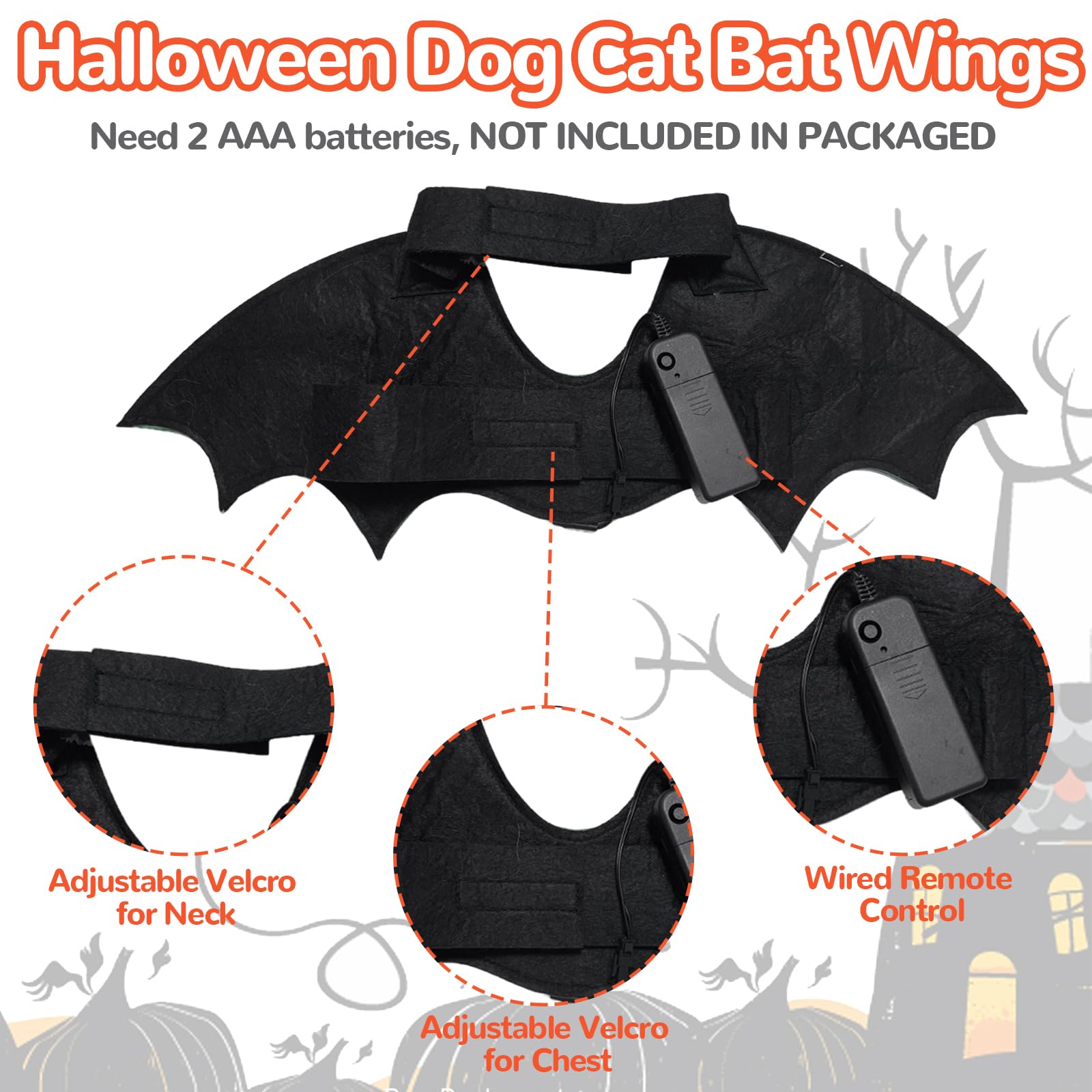 Dog Halloween Bat Costumes, Dog Cat Glow in the Dark Skeleton Bat Wings with Pumpkin Bell - Image 3