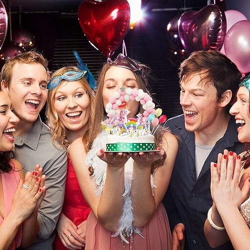 Miniatura 6 de MOVINPE Decoración para pastel de unicornio, escultura de unicornios mágicos, arco de bola de pelo rosa, arco iris, alas, pancarta de cumpleaños,