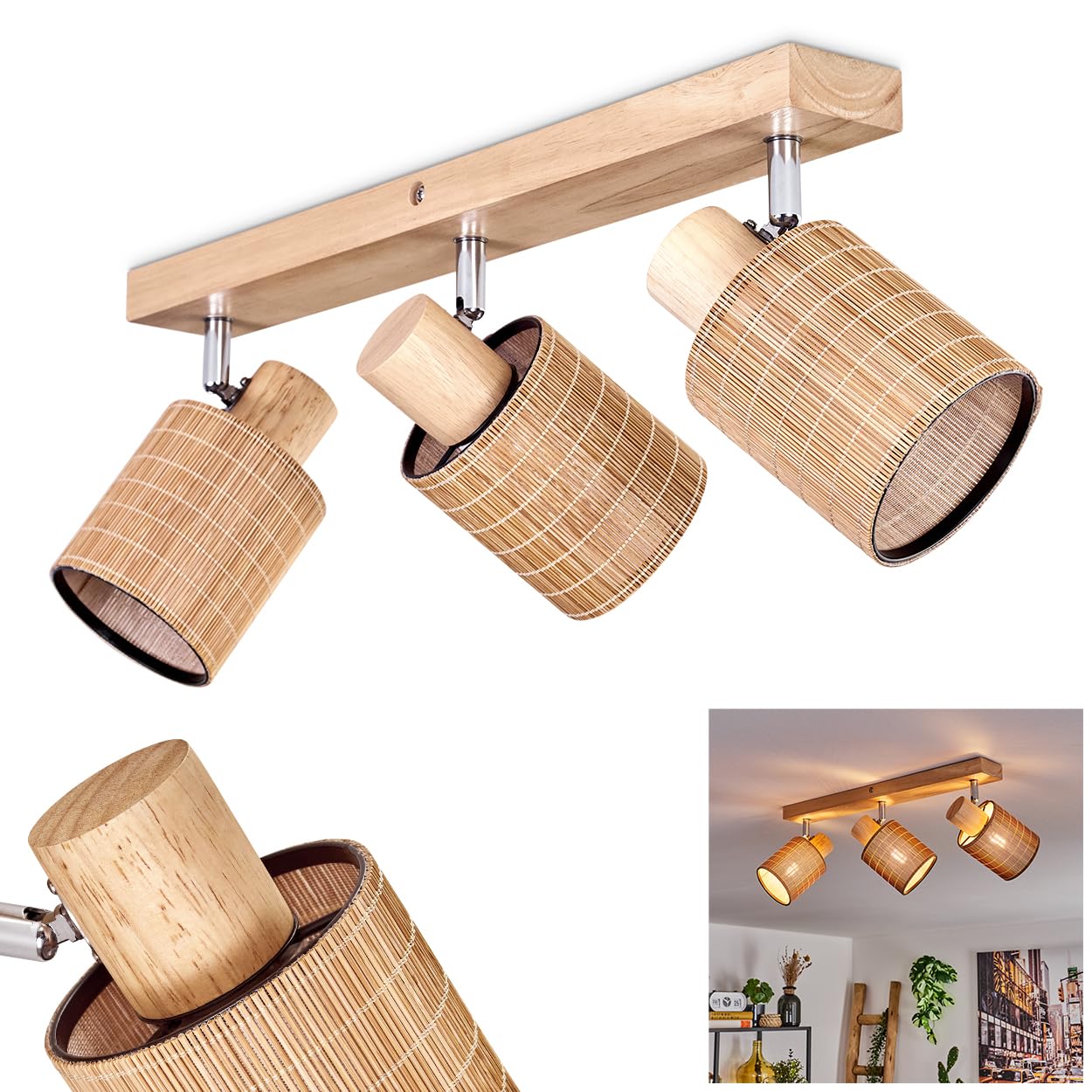 Lampada da soffitto Kinnared, lampada moderna in legno/metallo/bambù nei colori naturali/cromati/marrone, a 3 luci design scandinavo con faretti regolabili, x E14, senza lampadine