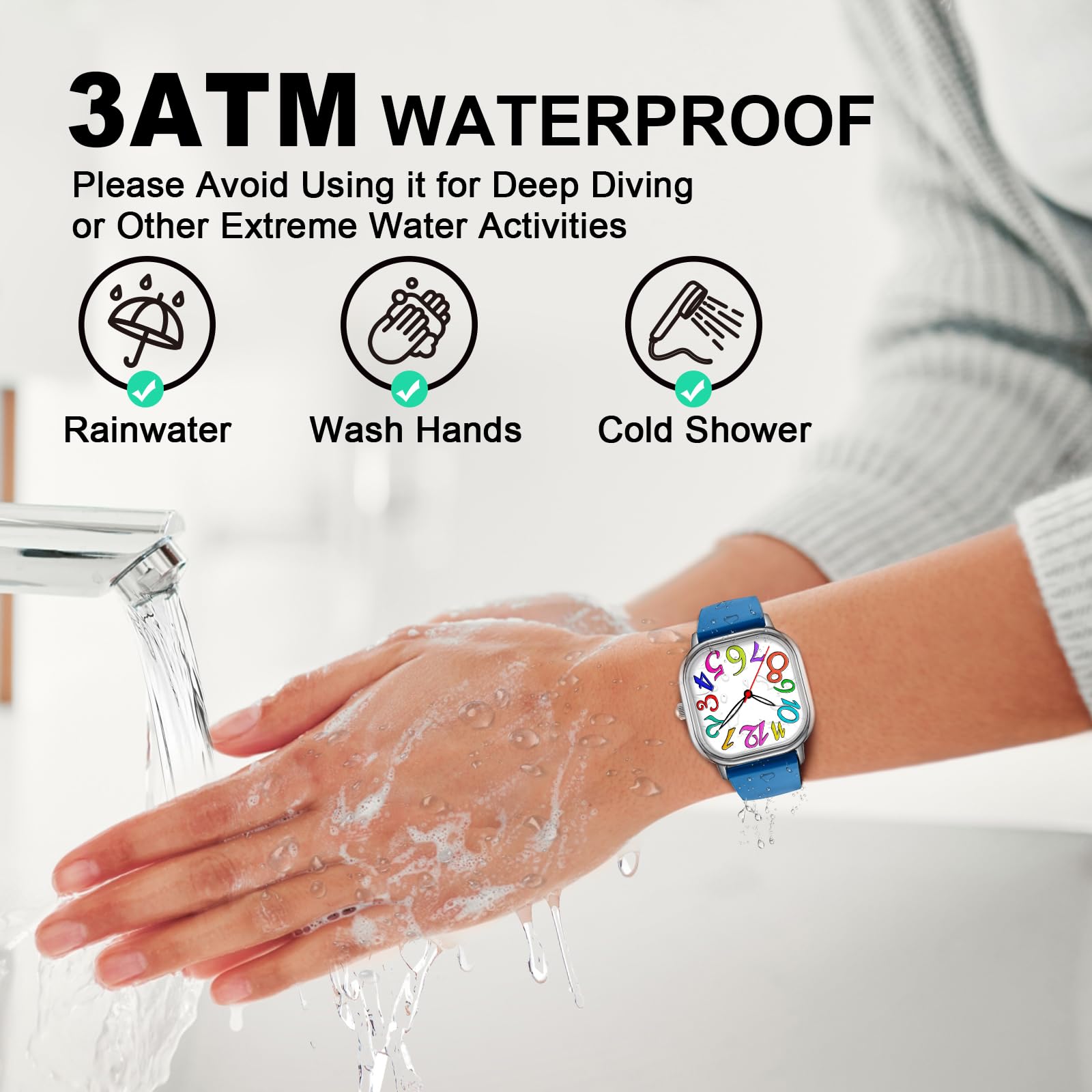 Asan Ge Reloj analógico para mujer con esfera cuadrada con números grandes coloridos y manecillas luminosas, correa de silicona azul, resistente al agua hasta 3 ATM