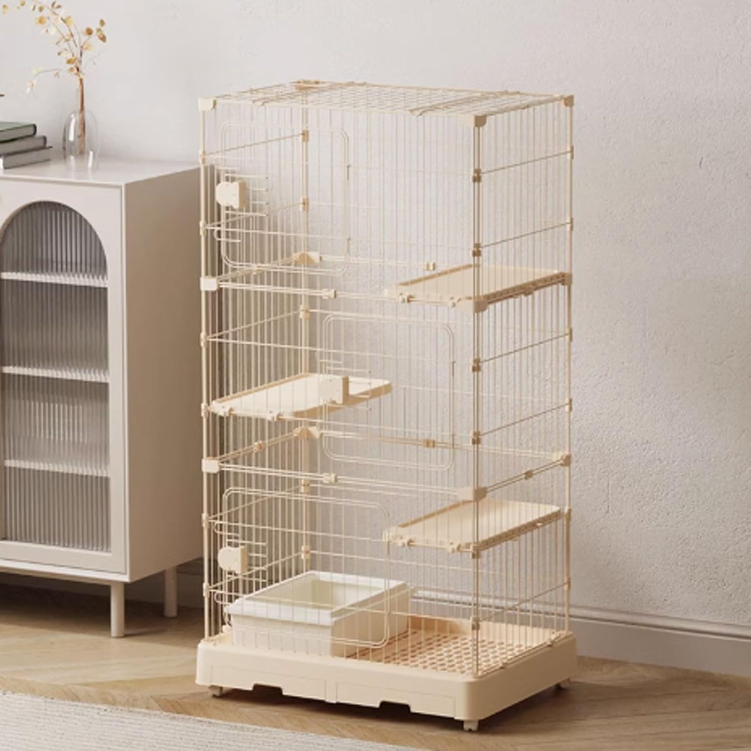 Beige Cat Cage, Cat Crate, Enclosed Cat Playpen, Catio Indoor Cat Enclosure with Litter Box with Storage Easy to Install for Small Animals(69x46x93cm)