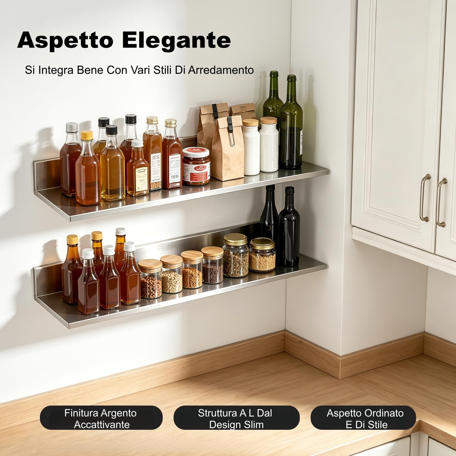 Mensola da parete in acciaio inox, 2 pezzi, 76,2 x 21,8 x 8,5 cm, mensole angolari per cucina, set di mensole a parete, mensola sospesa per caffetterie, cucine, dispense