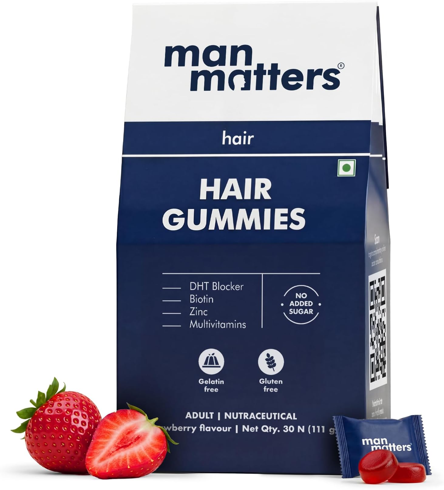 Biotin Hair Gummies (30N) | With Biotin, DHT Blockers, Vitamin A, C, E, Zinc & Fibre | For Healthy & Strong Hair | Strawberry Flavour | 100% Veg & Gut Friendly