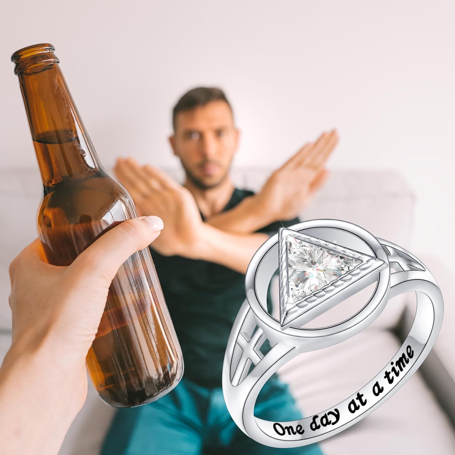 DAOCHONG Sobriety Ring for Women 925 Sterling Silver AA Alcoholics Anonymous Ring AA Sobriety Gifts CZ Cross Stay Sober Recovery Rings Alcoholics Anonymous Gifts for Women Her - Image 4