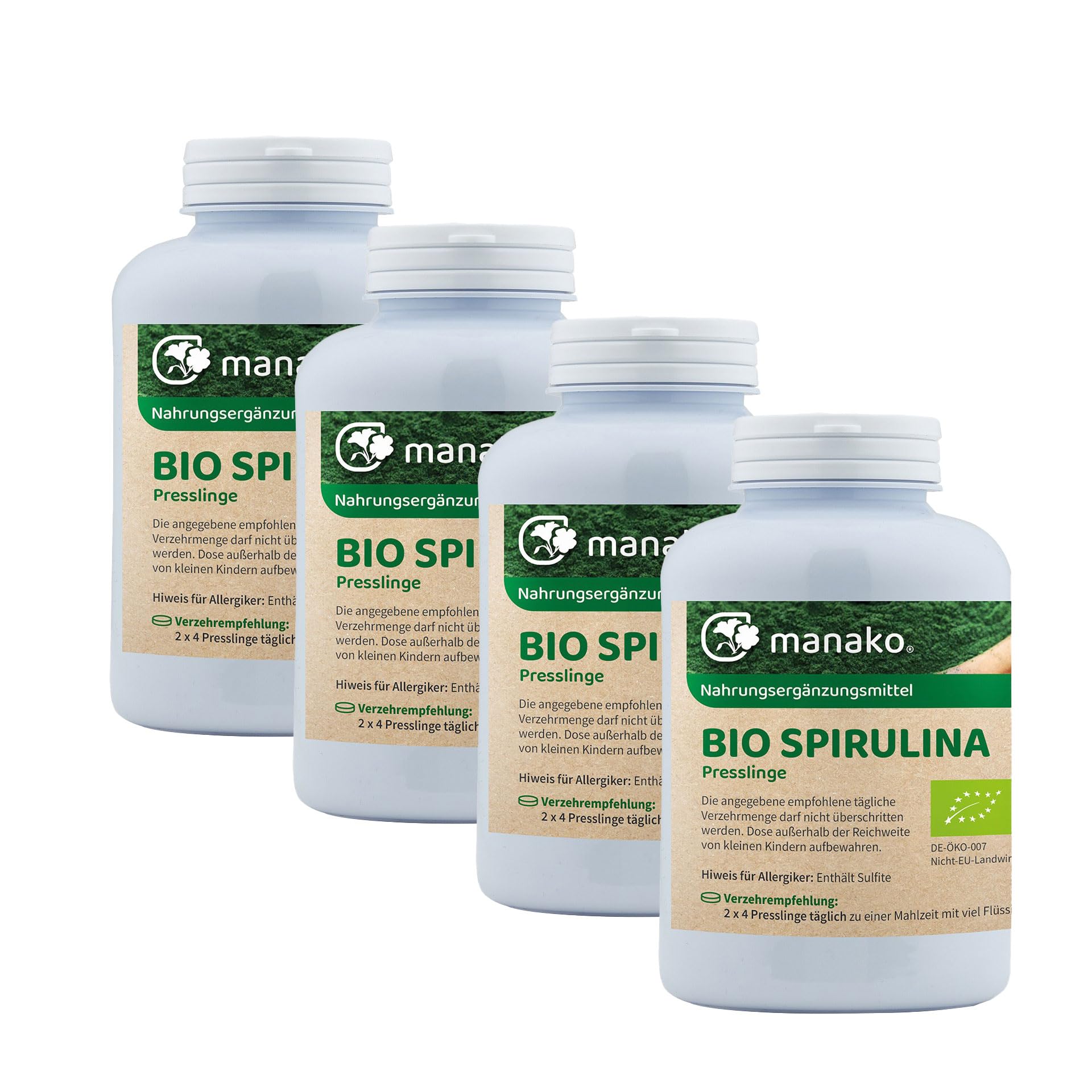 manako BIO Spirulina Algen Tabs/Presslinge, 4 x 250 g Dose