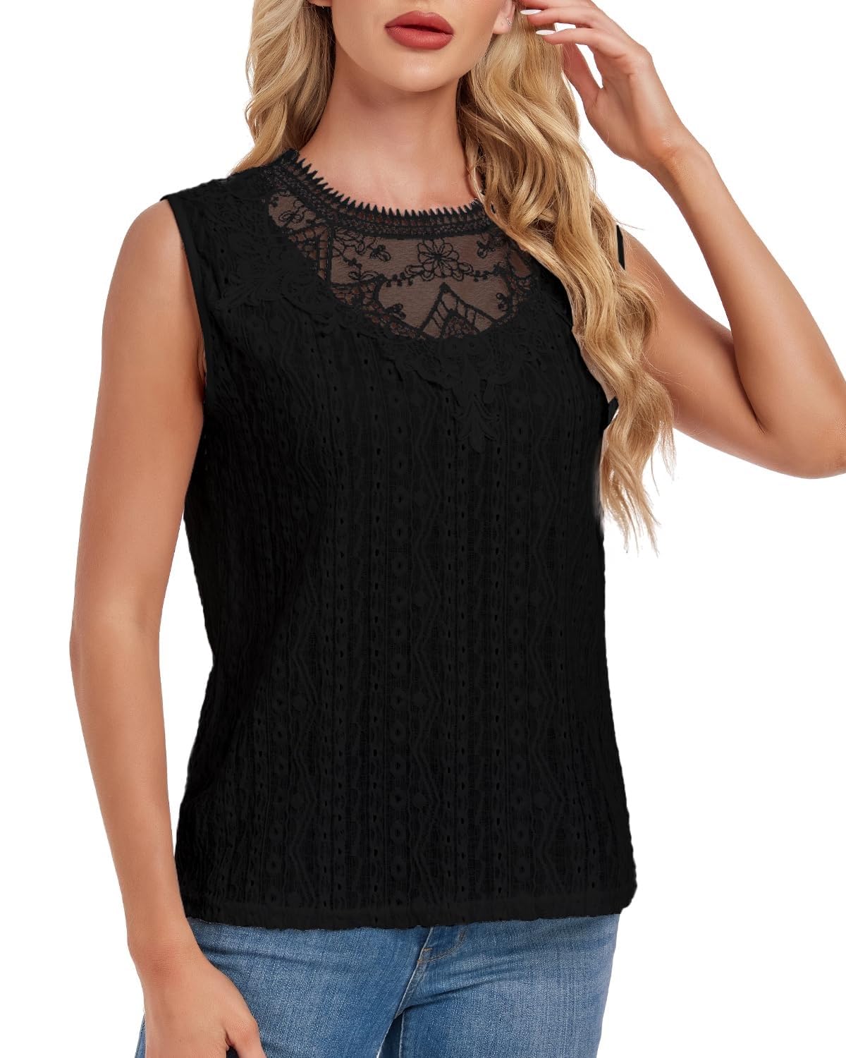 Canotte a Tunica con Buco della Serratura sul Retro Senza Maniche da Donna, Camicette Casual in Pizzo