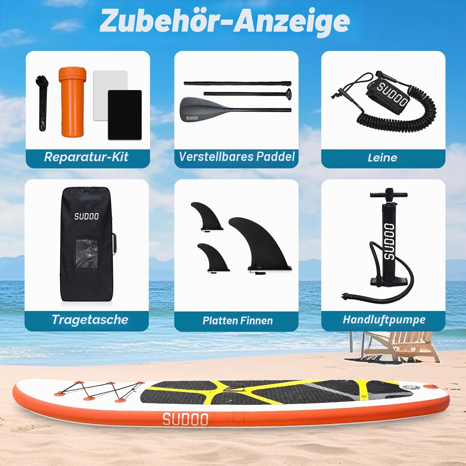 SUDOO 3M Aufblasbares Stand-Up-Paddle-Board, 15cm dick SUP Board Komplettset, rutschfest Eva-Deck Surfbrett, Komplettes Surfbrett-Set für Anfänger, Erwachsene, Angeln/Yoga