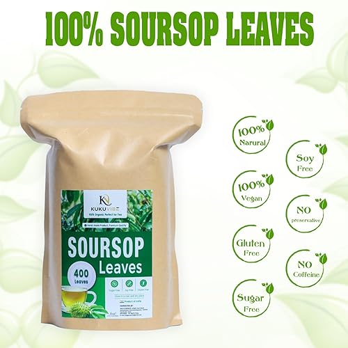 Miniatura 2 de KUKUVIBE Té de hojas de guanábana (400 hojas) - Té de hierbas de hoja de graviola 100% puro de hojas de guanabana para el bienestar - Hojas de