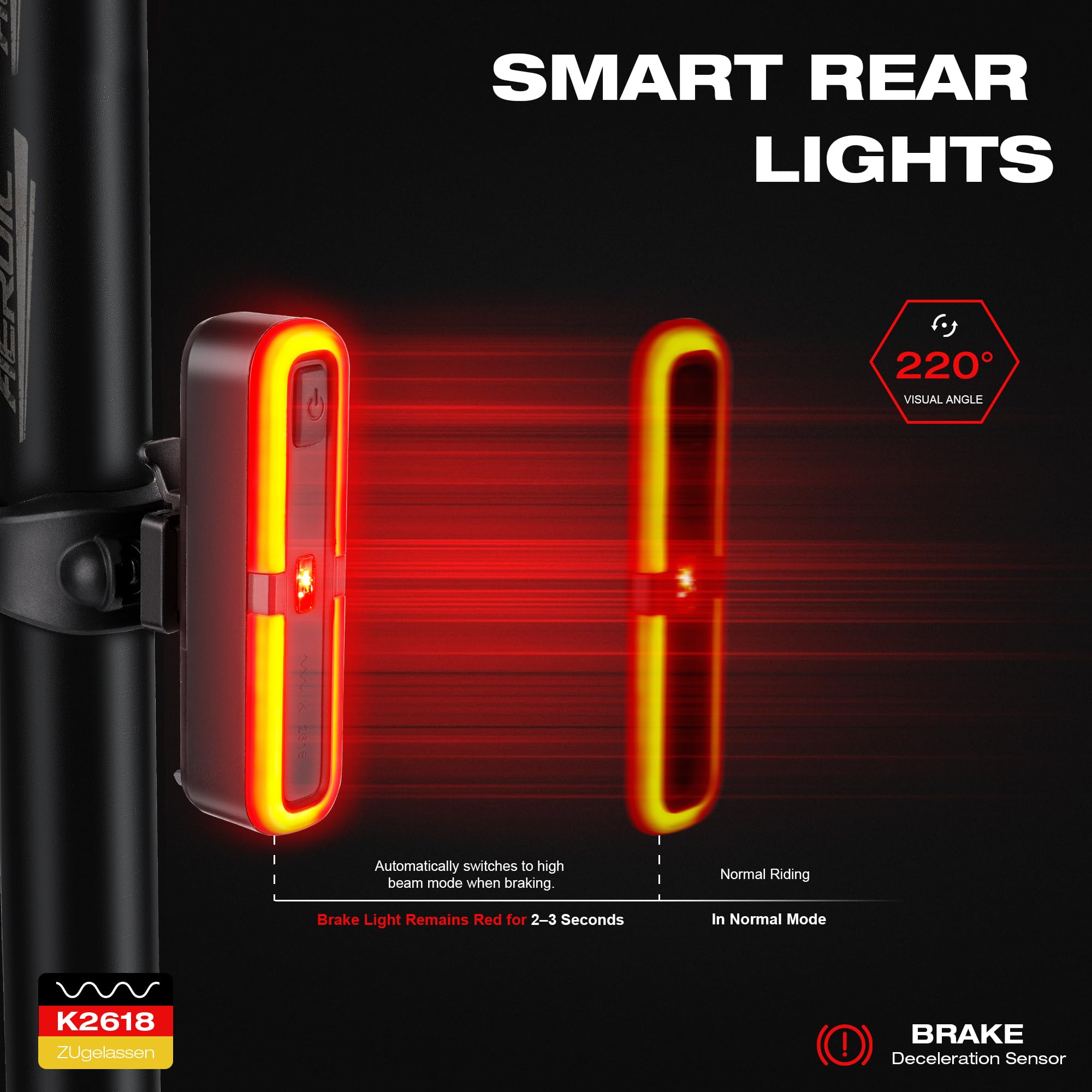 Kit d'éclairage de vélo homologué StVZO - Rechargeable par USB - Avec feu avant et arrière - 100 lux - Lumière avant et arrière avec capteur de freinage - Étanche IPX5 - Éclairage LED
