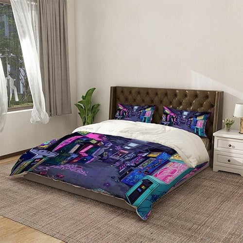 Miniatura 4 de Juego de funda de edredón estilo bohemio de los años 80, diseño retro de grafiti de arcade, ilustración de neón, con cremallera, suave