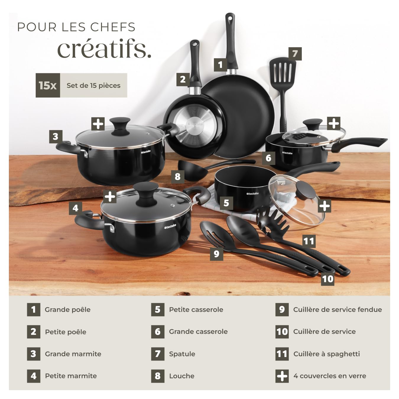 Tectake Set de casseroles et poêles Aluminium inox anti-adhésif 15 pcs gaz vitrocéramique