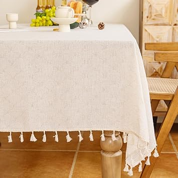 Fringed Polyester-Linen Tablecloth, Rectangular Dining Table Diamond Jacquard Checkered Tablecloth, Various Bohemian Rustic Pastoral-Style tablecloths 55x71 inches