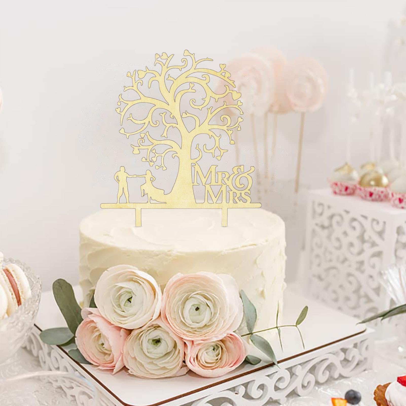 Mr & Mrs Decorazione Per Torta Nuziale In Legno Con Foglie Di Eucalipto E Cuore - Topper Rustico Per Matrimonio, Fidanzamento, Anniversario - Lunghezza 24 Cm