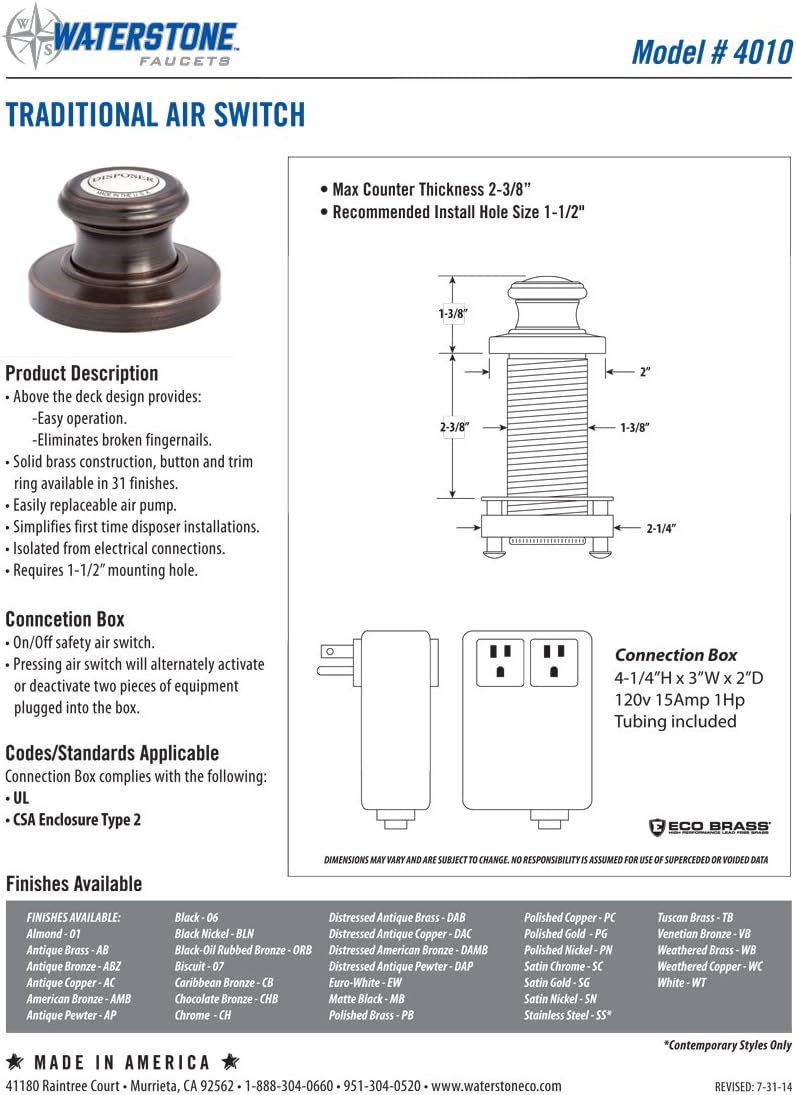 Waterstone 4010-MW Traditional Air Switch Matte White