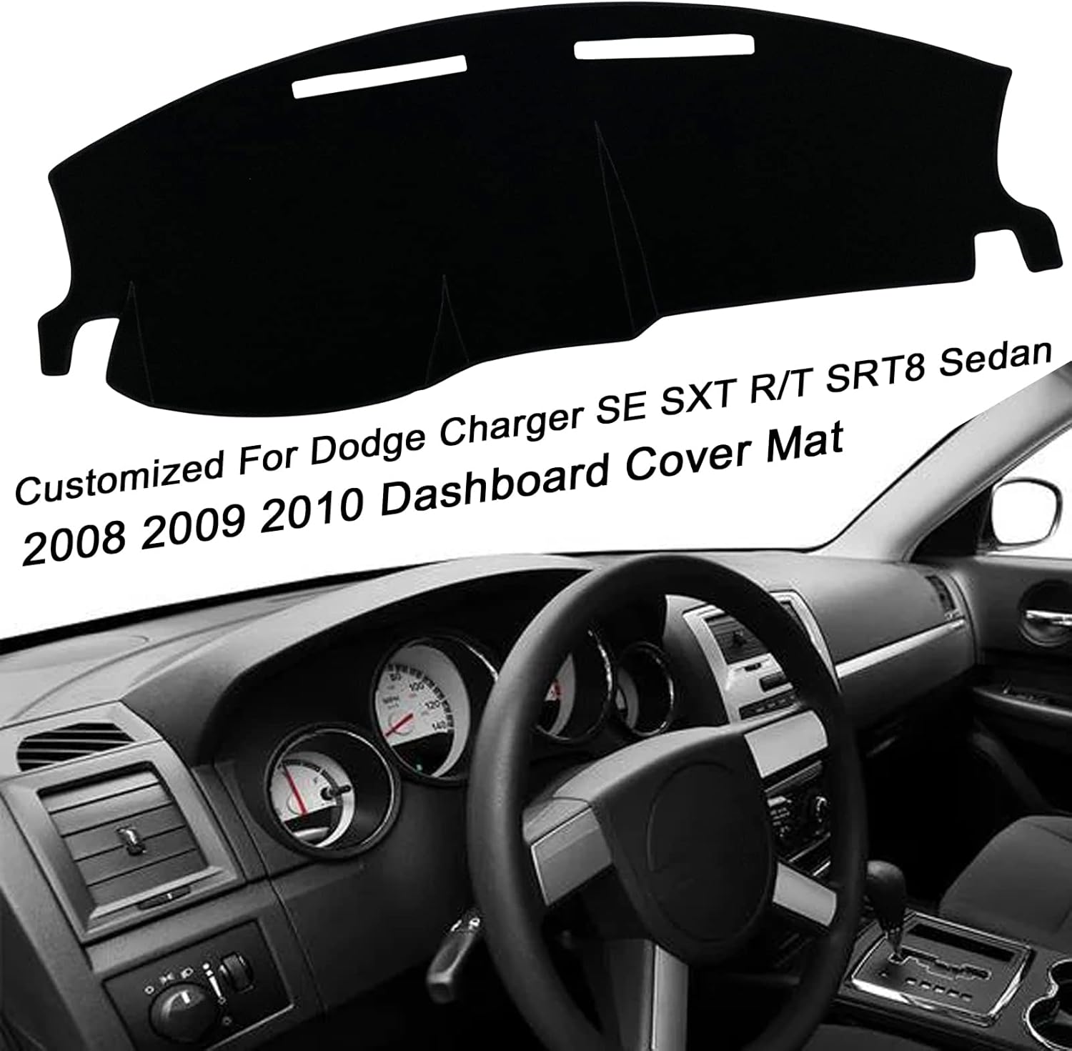Dash Mat Cover Interior Center Console Compatible with Dodge Charger SE SXT R/T SRT8 Sedan 2008-2010 Dashboard mat Covers Protection Accessories (Black Trim)