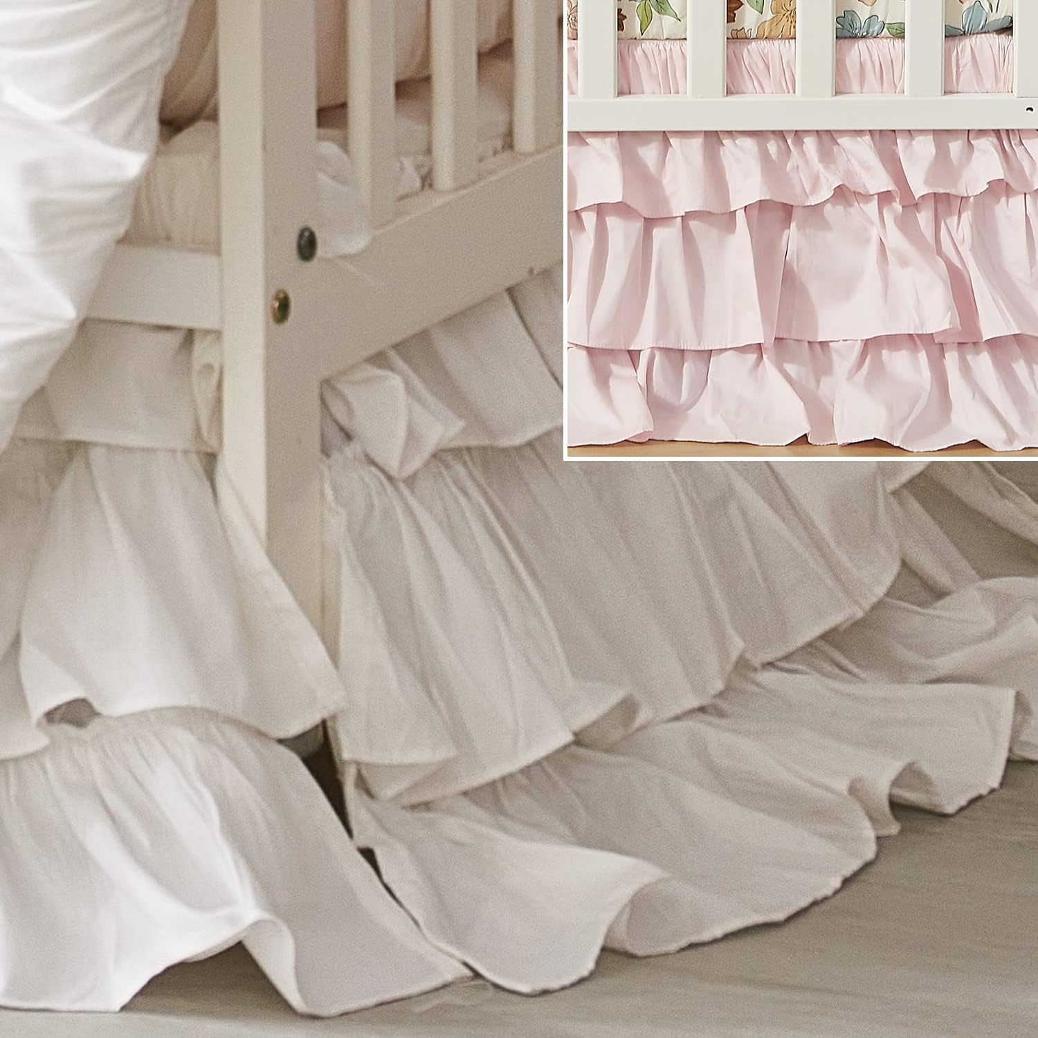 Brandream 2 Packs Crib Bed Skirt Triple Layer Cotton Nursery Bed Skirt for Baby White Dust Ruffle Blush Pink Boho Bohemian Farmhouse Chic