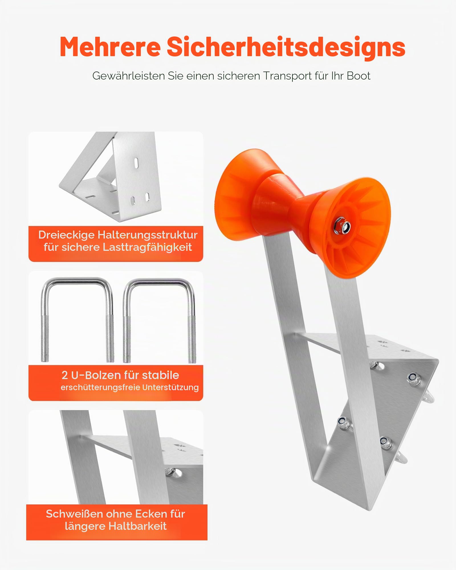 VEVOR Bootsanhänger-Sitz mit Rolle, 50,8–76,2 mm Windenpfosten, Windstand mit orangefarbener TPU-Rolle & U-Bolzen, geeignet für Jetski, Segelboot, Fischerboot, Schnellboot (verzinkt), Silber