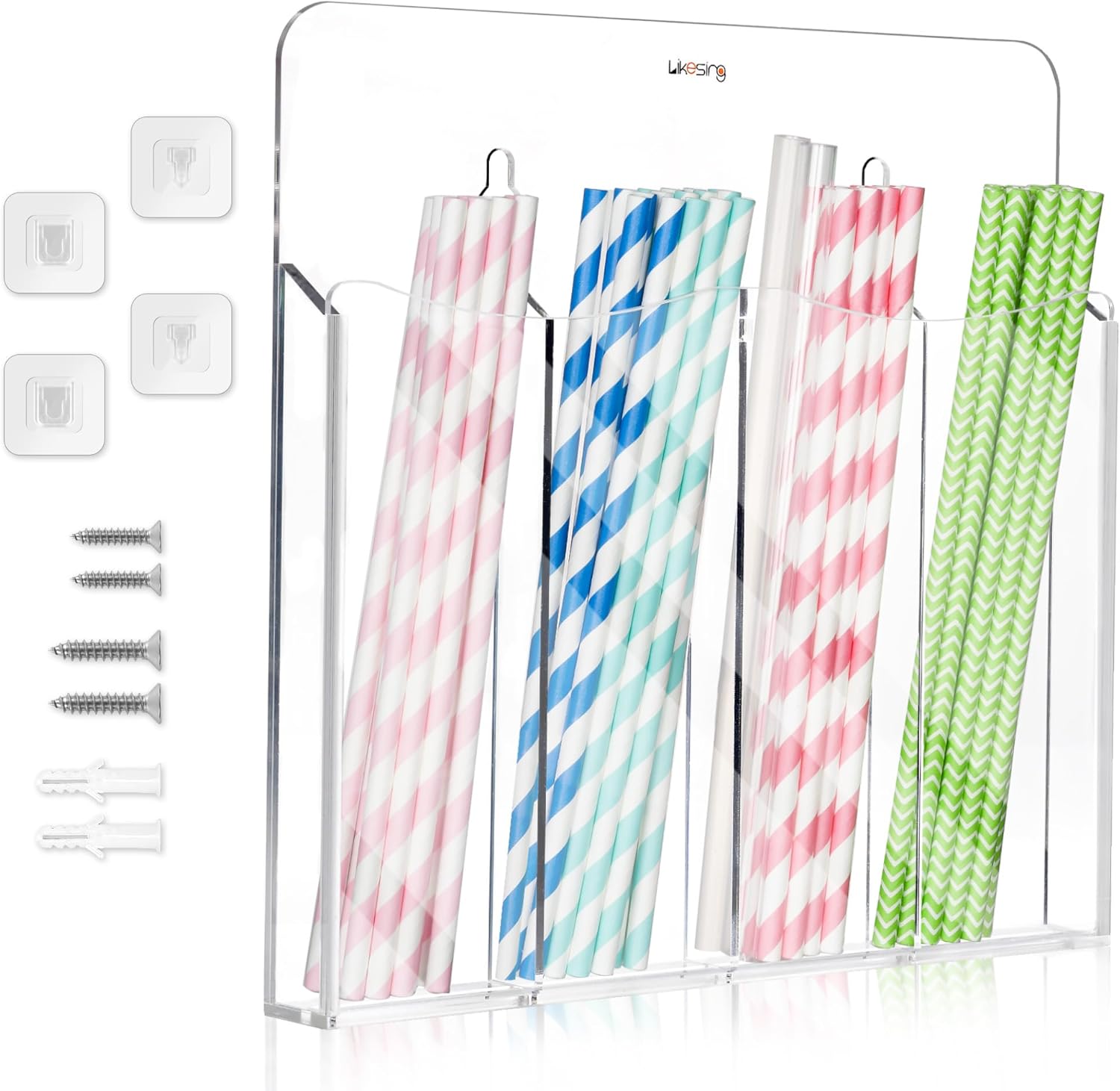 Clear Acrylic Straw Holder, Reusable Straws Storage with Removable Front Cover & 2 Mounting Options (Screws/Adhesive), Straw Organizer for Cabinet Door or Kitchen Counter for Tumbler