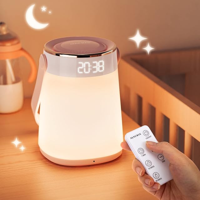 ALACRIS Night Light Dimmable, Bedside Table Lamp with Alarm Clock, Time and Temperature Display, Timing and Remote Control for Bedroom Sleep Aid, Kids Room, Baby Nursery or Mood Light